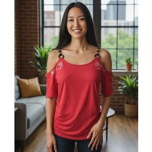 Vintage 00's Y2K HARV Red Halter Top with‎ Wooden Rings & Beaded Details